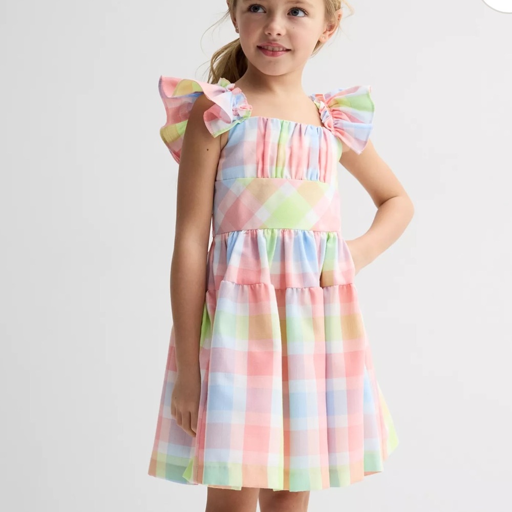 NWOT Little Girls Colorful Plaid Dress with Ruffled Sleeves